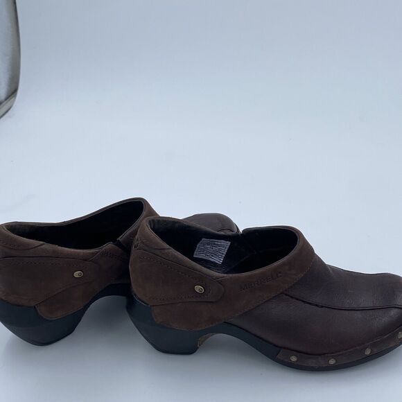 Merrell Shoes - Merrell Luxe Wrap Brown Leather Slip On Studded Wedge Clogs Shoes Womens 7